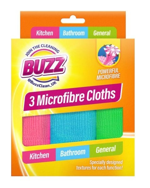 3 x Buzz Microfibre Clothes for Kitchen, Bathroom & General Purpose